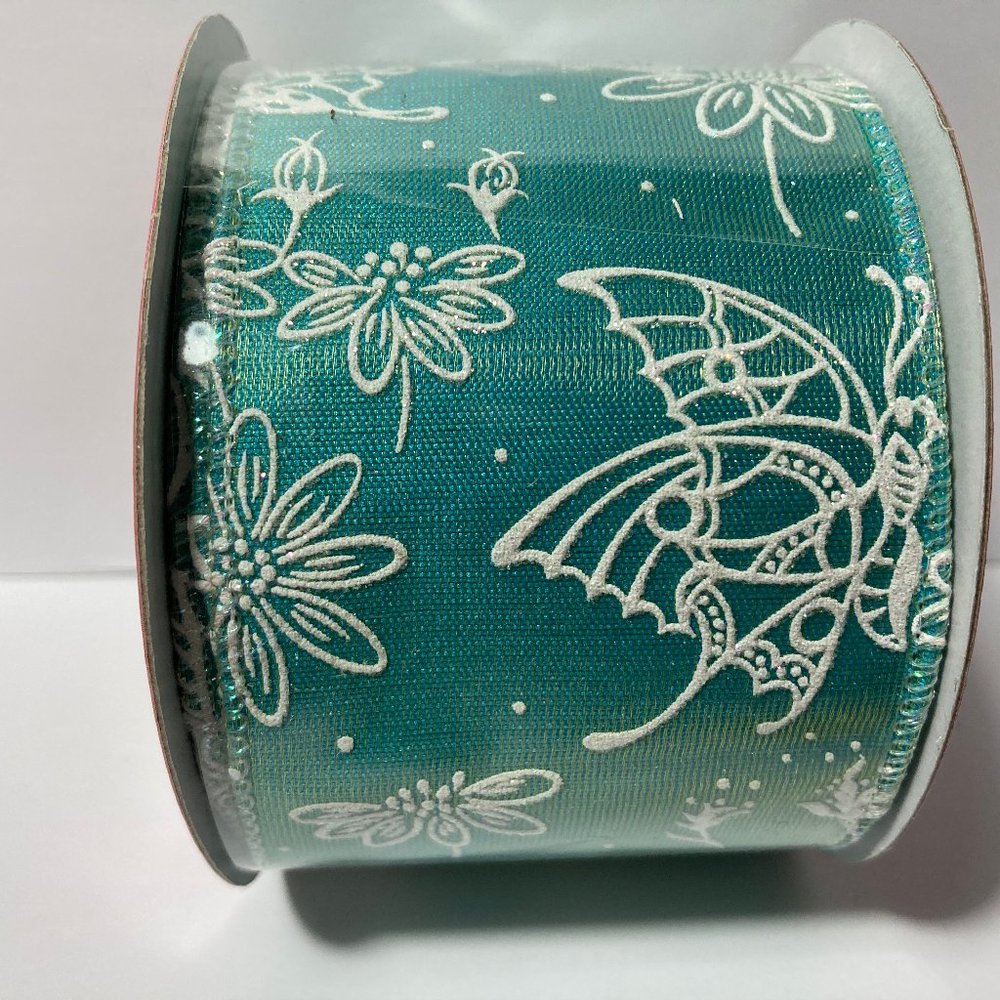 Wired Ribbon Butterfly Flower 2.5" 25' Teal